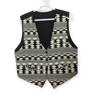Vintage Black & White Aztec Button  Front Tie Back Vest Womans Medium Boho